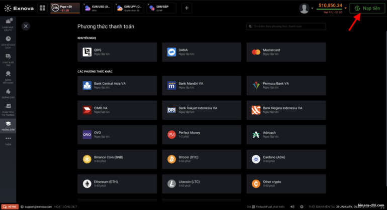 Bổ sung tài khoản giao dịch (gửi tiền) với nhà môi giới Exnova