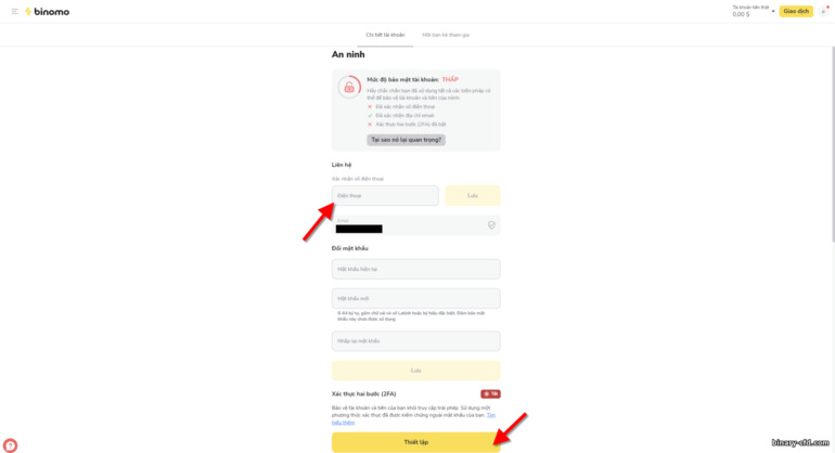 cài đặt bảo mật tài khoản tại nhà môi giới Binomo