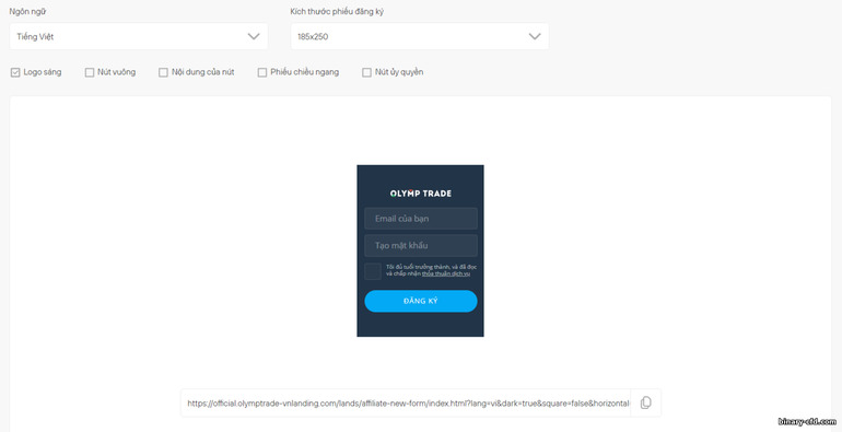 mẫu đăng ký, tài liệu quảng cáo để thu hút khách hàng tham gia chương trình liên kết của Olymptrade