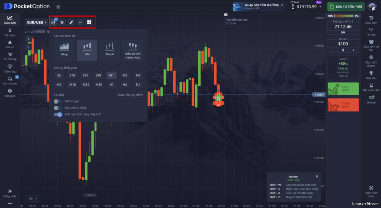 Cài đặt biểu đồ giá tại nhà môi giới Pocket Option