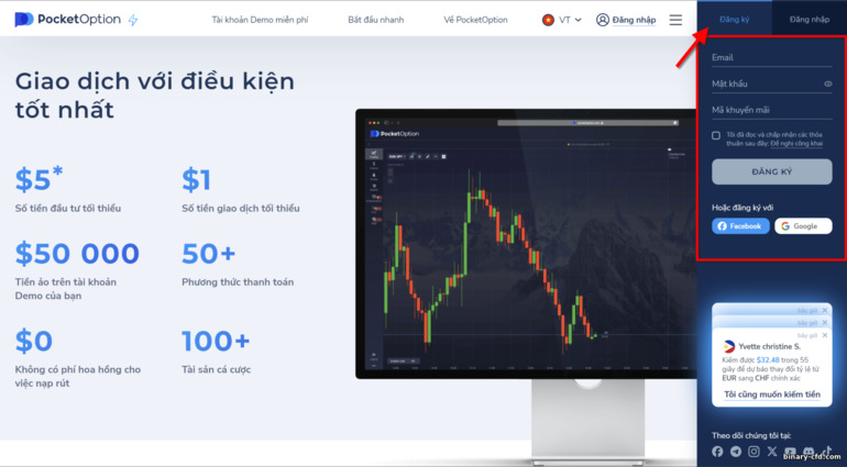 Đăng ký với nhà môi giới Pocket Option