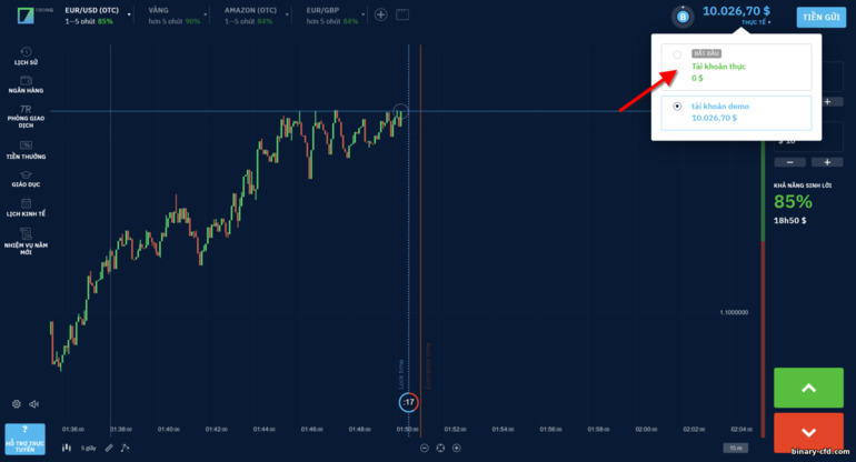 Chuyển đổi giữa tài khoản demo và tài khoản thật với nhà môi giới Binarium
