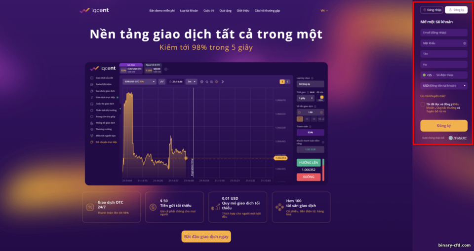 đăng ký tài khoản giao dịch mới với nhà môi giới IQ Cent