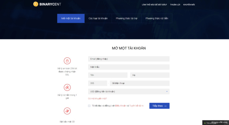 đăng ký tài khoản giao dịch với nhà môi giới Binarycent