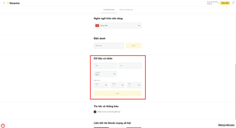 chi tiết tài khoản cá nhân với nhà môi giới Binomo