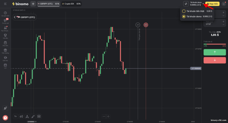 chuyển đổi giữa tài khoản demo và tài khoản thật với nhà môi giới binomo