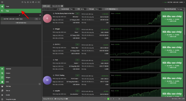 sao chép giao dịch của các nhà giao dịch khác từ nhà môi giới Deriv