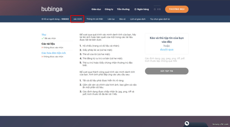 xác minh tài khoản với nhà môi giới Bubinga - tài liệu để xác minh