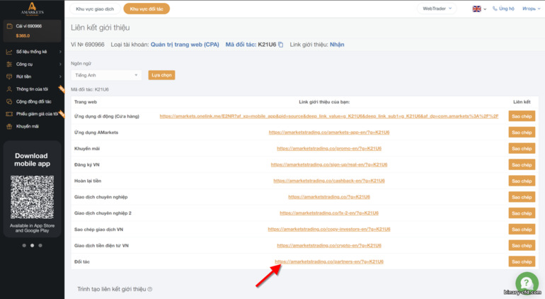 chương trình liên kết phụ trên trang web AMarkets Partners