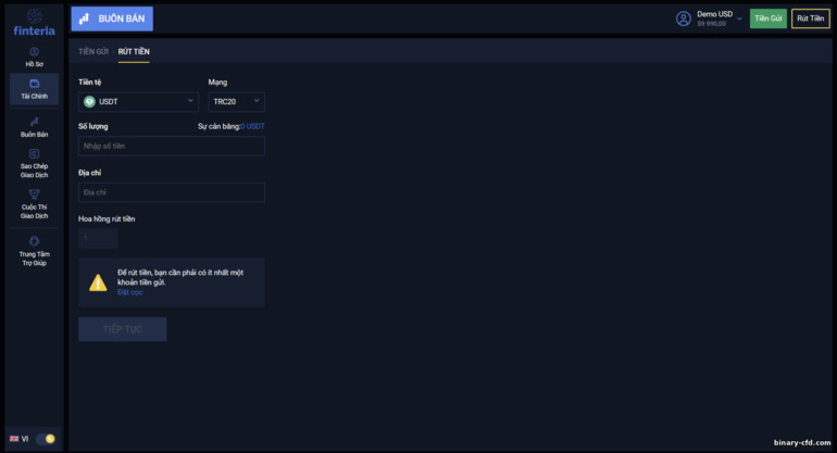 nộp đơn xin rút tiền từ nhà môi giới Finteria