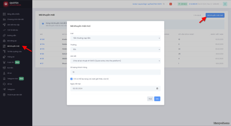 Tạo mã khuyến mại cho khách hàng trong chương trình liên kết Quotex