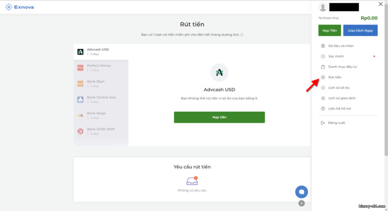 Rút tiền từ nhà môi giới Exnova
