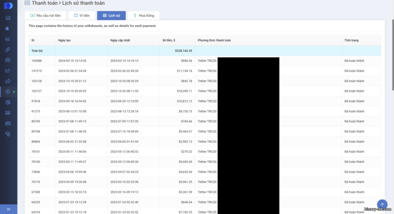 lịch sử thanh toán trong chương trình liên kết Pocket Option