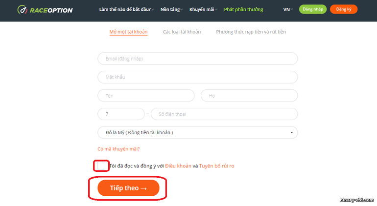 Đăng ký với nhà môi giới quyền chọn nhị phân RaceOption