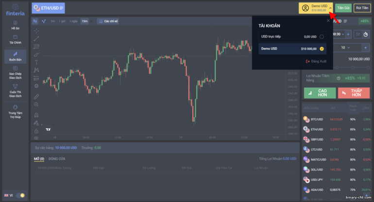 chuyển đổi giữa tài khoản demo và tài khoản thật với nhà môi giới Finteria