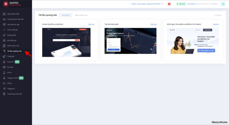 Sử dụng tài liệu quảng cáo trong chương trình liên kết Quotex