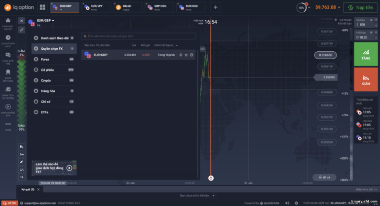 Chọn một tài sản và chuyển đổi giữa các loại hình giao dịch tại nhà môi giới IQ Option