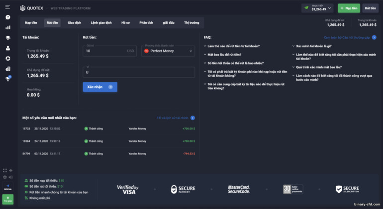 Rút tiền từ nhà môi giới Quotex