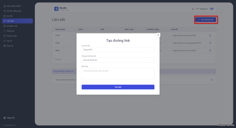 tạo liên kết liên kết Binolla mới