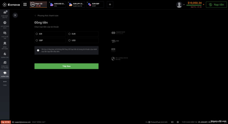 Chọn loại tiền của tài khoản giao dịch với nhà môi giới Exnova