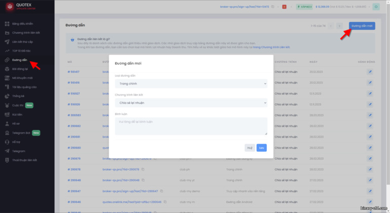 Tạo liên kết giới thiệu trong chương trình liên kết Quotex