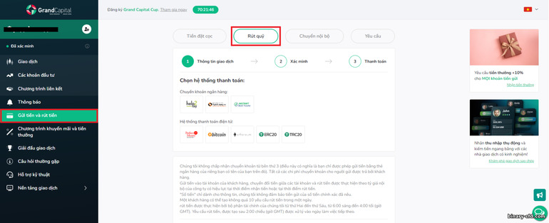 Rút tiền từ tài khoản của bạn với nhà môi giới ngoại hối Grand Capital
