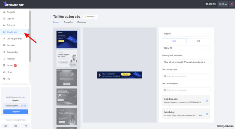 tài liệu quảng cáo trong chương trình liên kết của nhà môi giới Binomo và Stockity