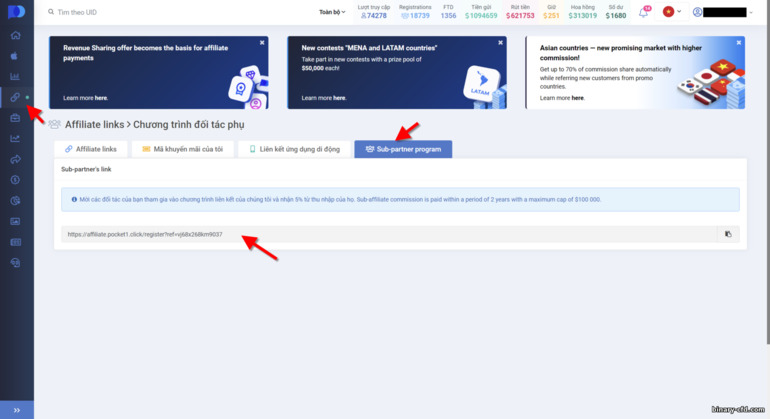Chương trình liên kết phụ trong chương trình liên kết Pocket Option