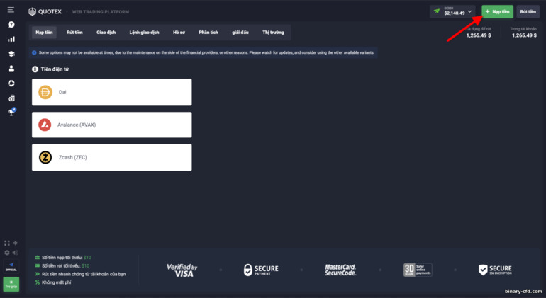 Nạp tiền vào tài khoản giao dịch của bạn trên nền tảng môi giới Quotex