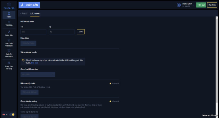 xác minh tài khoản giao dịch với nhà môi giới Finteria