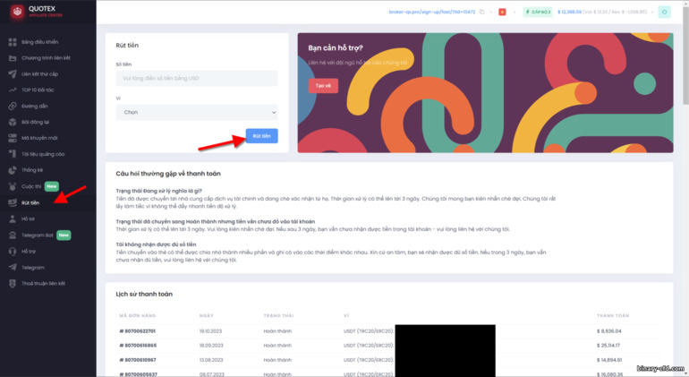 Gửi đơn đăng ký rút thu nhập trong chương trình liên kết Quotex
