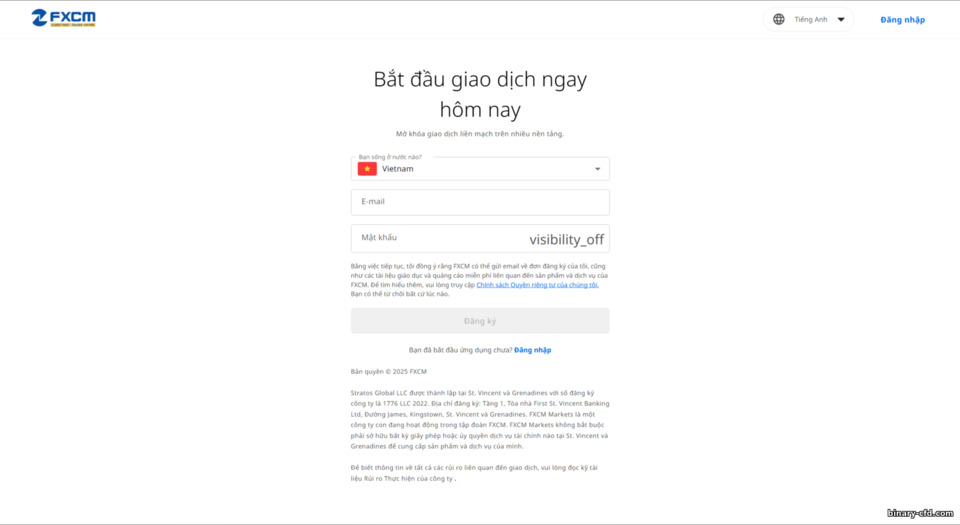 Biểu mẫu đăng ký tài khoản FXCM