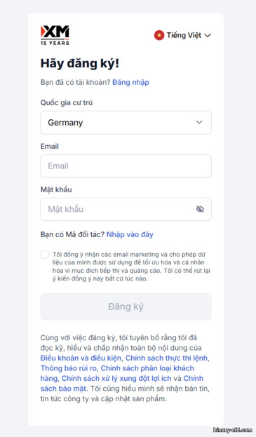 Biểu mẫu đăng ký tài khoản XM