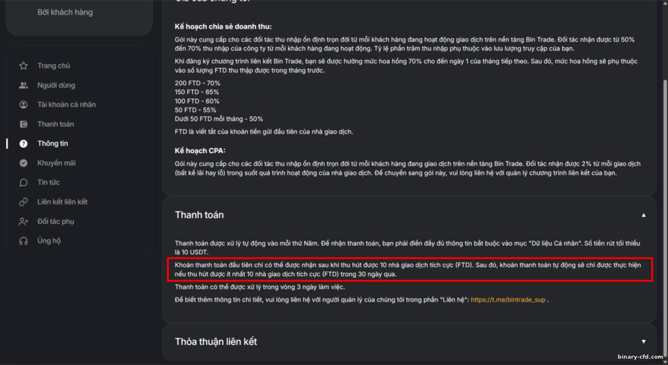 Điều kiện thanh toán affiliate BinTrade