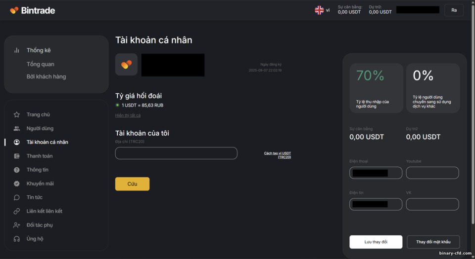 Cài đặt tài khoản affiliate BinTrade