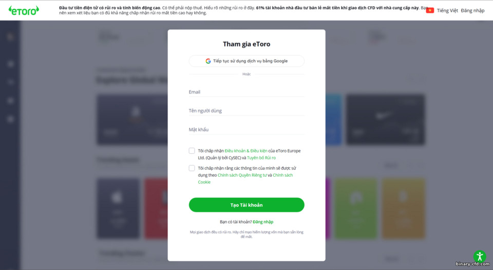 Biểu mẫu đăng ký tài khoản eToro