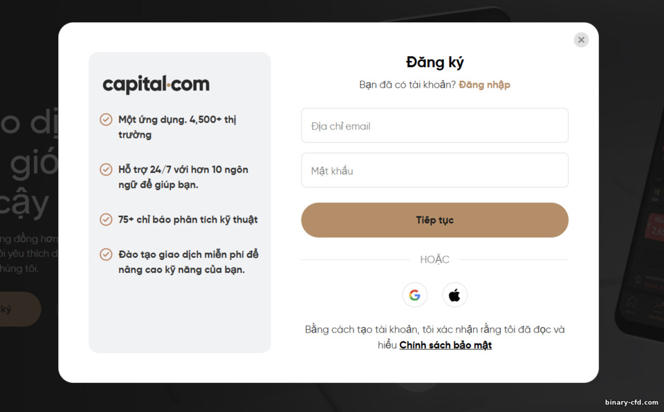Biểu mẫu đăng ký tài khoản giao dịch Capital.com