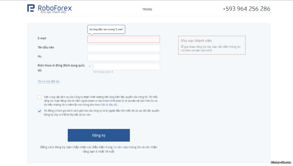 Mẫu Đăng Ký Tài Khoản RoboForex