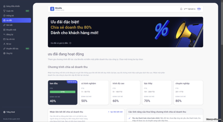 Các ưu đãi trong chương trình liên kết Binolla
