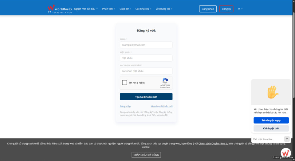 Biểu mẫu đăng ký tài khoản World Forex