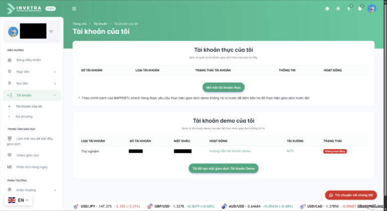 Các loại tài khoản sàn Invetra Các loại tài khoản sàn Invetra