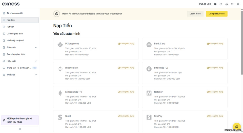 Phương thức nạp tiền Exness