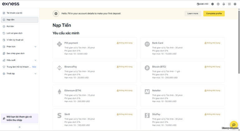 Phương thức nạp tiền Exness Phương thức nạp tiền Exness