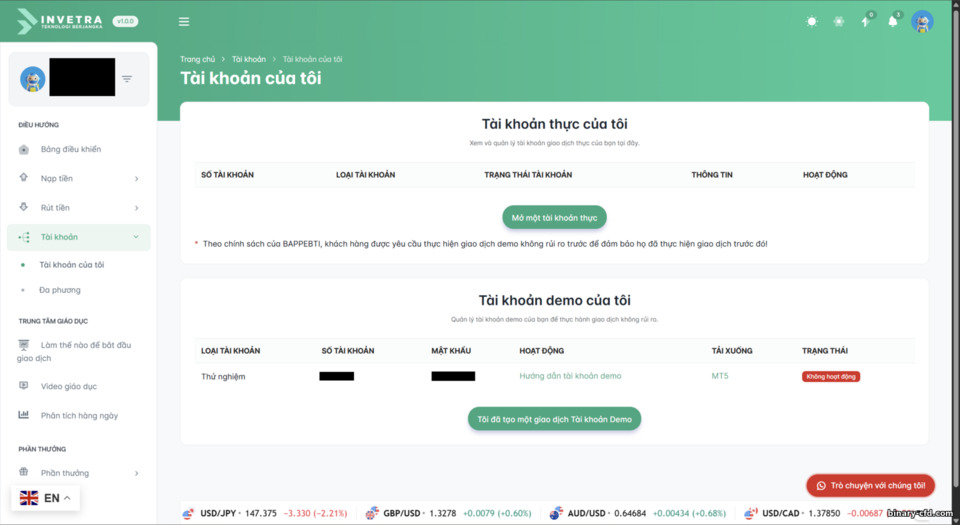 Các loại tài khoản sàn Invetra