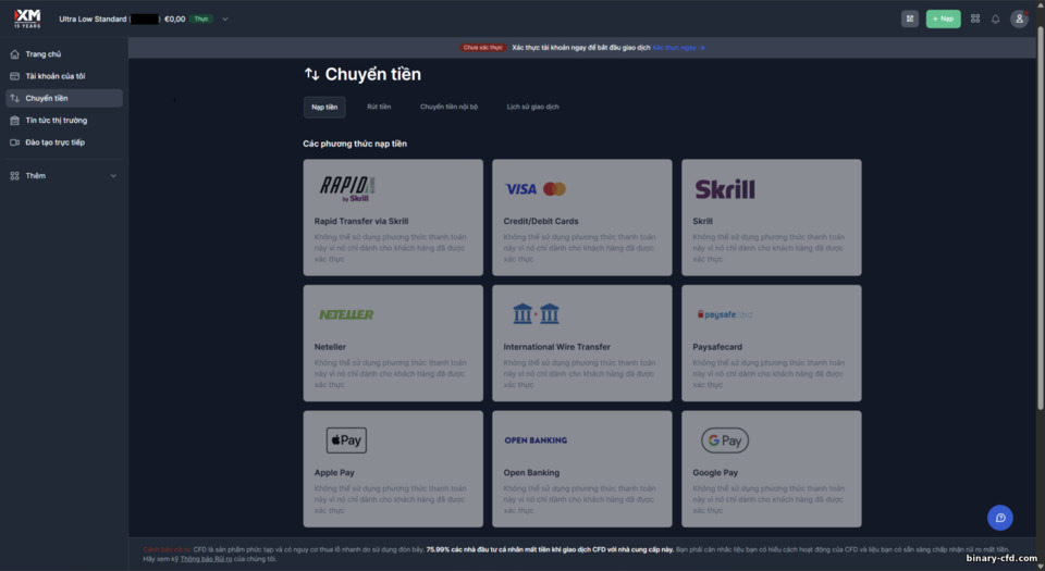 Phương thức nạp tiền tài khoản XM